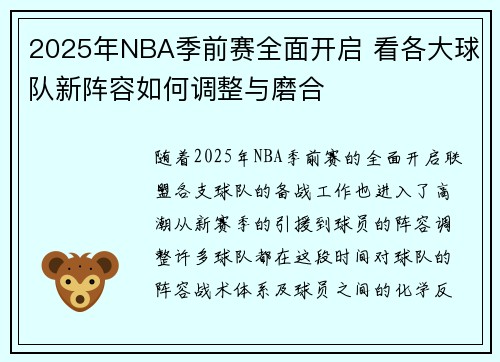 2025年NBA季前赛全面开启 看各大球队新阵容如何调整与磨合