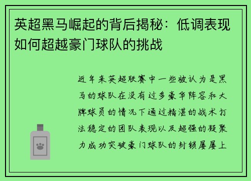英超黑马崛起的背后揭秘：低调表现如何超越豪门球队的挑战