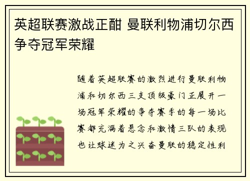 英超联赛激战正酣 曼联利物浦切尔西争夺冠军荣耀