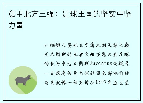 意甲北方三强：足球王国的坚实中坚力量