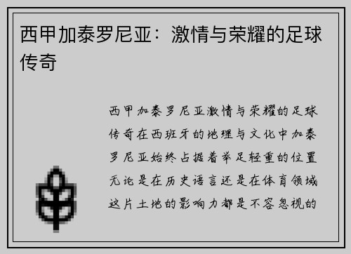 西甲加泰罗尼亚：激情与荣耀的足球传奇